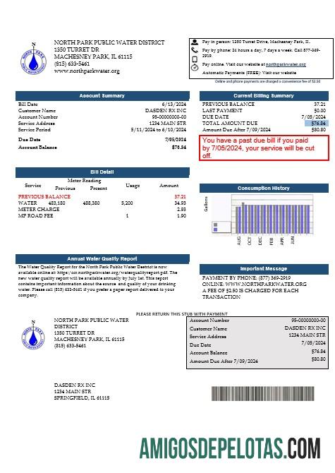 imprimível Modelo de conta de serviços públicos de negócios do Distrito de Água Pública de Illinois North Park nos EUA em formatos Word e PDF